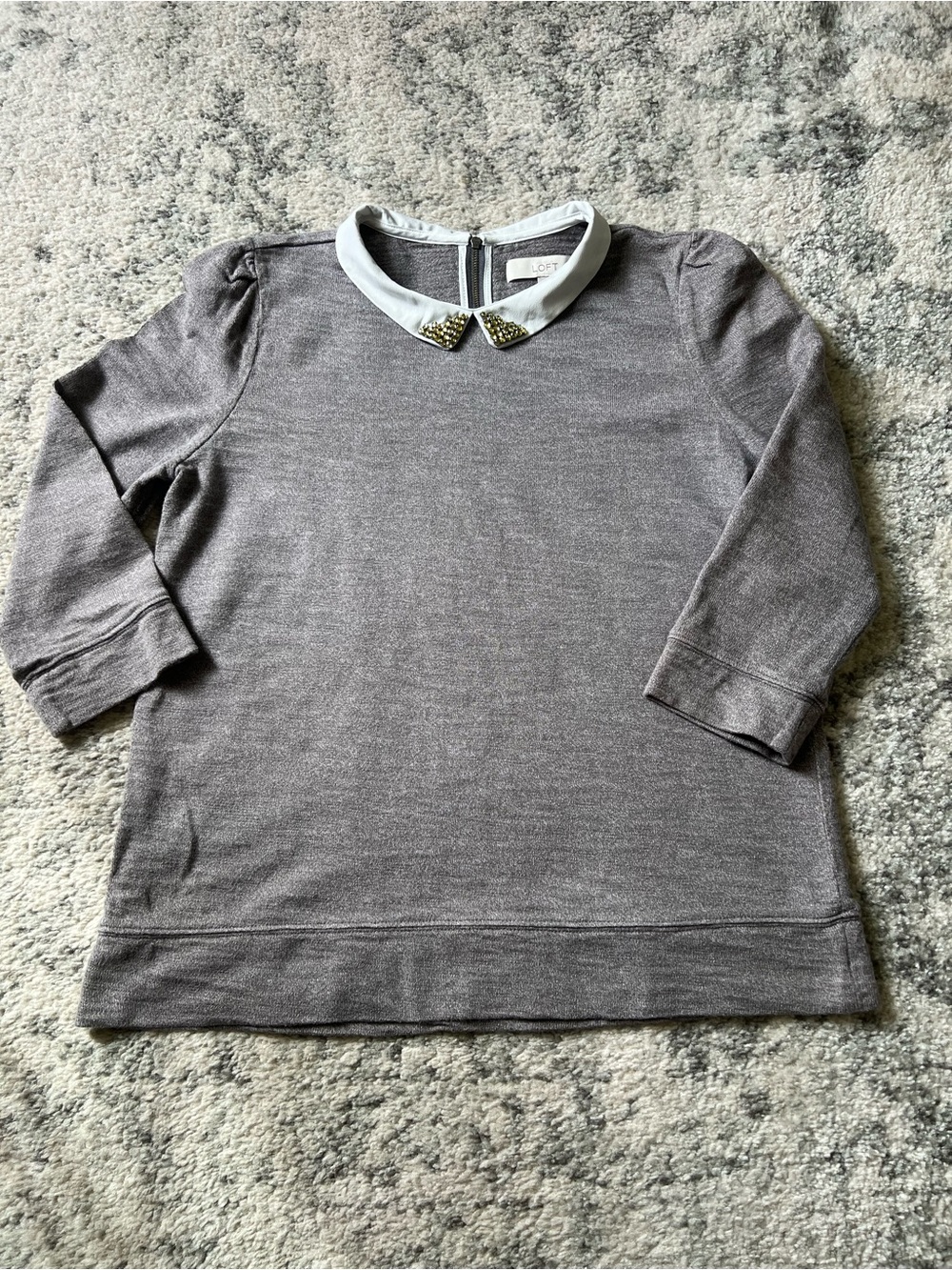 LOFT Gray Long-Sleeve Top with White Peter Pan Collar and Gold Studs